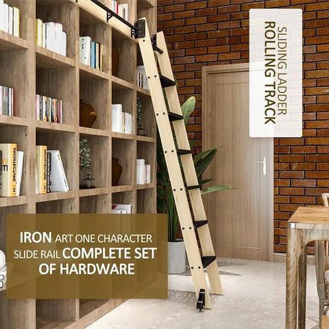 Rolling Ladder Hardware Kit With Floor Roller Track 100cm Adjustable Sliding Ladder System installed on bookshelf