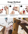 Usage instructions for 1/4 Inch Hex Shank Bit Holder Keychain For Drill Bits Portable Aluminum Alloy Quick Change With Long And Short Extension Bar Belt Clip One Hand Change Keeps Every 1/4 Inch Bit Ready On The Go with hands demonstrating insertion, pull ring, and ejection process, and use in woodworking.