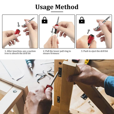 Usage instructions for 1/4 Inch Hex Shank Bit Holder Keychain For Drill Bits Portable Aluminum Alloy Quick Change With Long And Short Extension Bar Belt Clip One Hand Change Keeps Every 1/4 Inch Bit Ready On The Go with hands demonstrating insertion, pull ring, and ejection process, and use in woodworking.