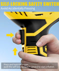 Close-up of hand using self-locking safety switch on Roadside Ready Cordless Tire Inflator Portable Air Compressor 20V Rechargeable.