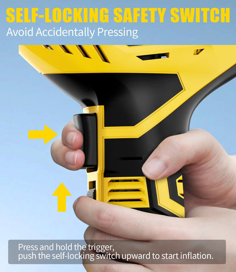 Close-up of hand using self-locking safety switch on Roadside Ready Cordless Tire Inflator Portable Air Compressor 20V Rechargeable.