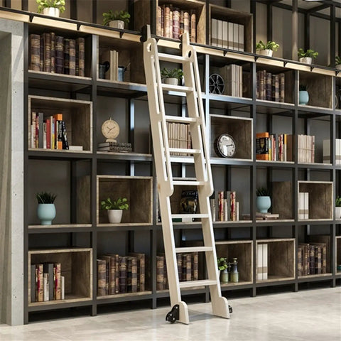 Top Shelf Heavy Duty Sliding Barn Door Hardware Kit With Solid Wrought Iron Rolling Rail Floor Track And No Sweat Installation For A Smooth Ride Indoors Or Outdoors, featuring a ladder against a bookshelf.