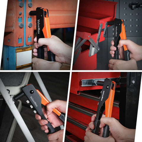 4 In 1 Hand Riveter Kit With 200 Rivets For Metalwork in use on metal and furniture, ergonomic design, heavy duty construction.