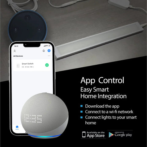 4 Pack 12 Inch Black Smart Dimmable LED Under Cabinet Lighting Kit With Alexa And Google Home Compatibility Warm White 3000K displayed with phone app and smart devices