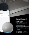 Phone displaying app, smart speaker, and LED strip from Six Pack 12 Inch Black Smart Dimmable LED Under Cabinet Lights Kit With Alexa And Google Compatibility Warm White 3000K Easy Setup For Kitchen And Home.
