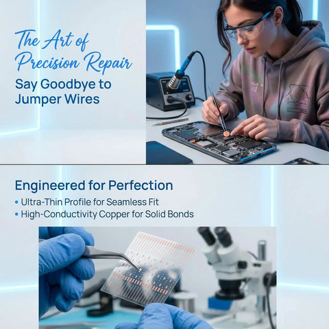 Person using No-Trace 208 Dots Solder Pad Repair Kit for PCB trace repair, showing copper pad and precision soldering tools.