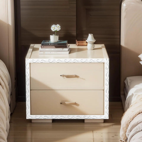 White self adhesive flexible molding trim 16.4 ft decorates a beige nightstand with books and a small plant on top.