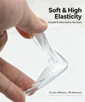 Close-up of flexible Top Shelf Clear PVC Corner Guards 8 Pack L Shaped Protective Bumpers For Tables And Doors Transparent.