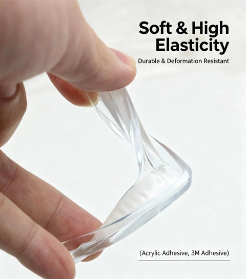 Close-up of flexible Top Shelf Clear PVC Corner Guards 8 Pack L Shaped Protective Bumpers For Tables And Doors Transparent.
