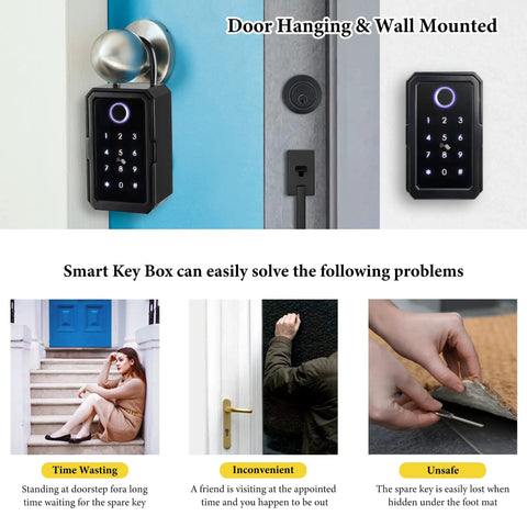 Smart Fingerprint Key Lock Box With Bluetooth Access TTLock App Control on door handle and wall mount options