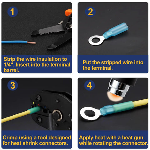 Step-by-step guide using 125 Piece Heat Shrink Wire Connector Kit With Insulated Crimp Terminals In Red Blue Yellow For AWG 22 16 14 12 10 Automotive And Marine Waterproof Electrical Terminal Assortment In Durable Storage Box For DIY Projects