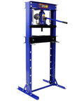 Front view of Beefy 20 Ton Hydraulic Shop Press With Bottle Jack And Pressure Gauge For Bending Straightening Installing Bearings U Joints And Bushings Heavy Duty Steel Frame Blue.