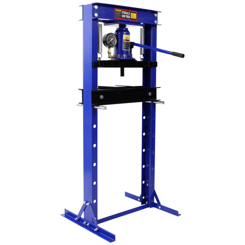 Front view of Beefy 20 Ton Hydraulic Shop Press With Bottle Jack And Pressure Gauge For Bending Straightening Installing Bearings U Joints And Bushings Heavy Duty Steel Frame Blue.