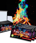 Color Changing Fire Packets For Fire Pit Bonfire And Camping Fun Indoor And Outdoor Flames Safe Self Contained Packets For Kids And Adults 12 Pack Great For Parties And Backyard Gatherings Lit Nights shown with colorful flames and package box.