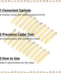 Front view: Lathe tool set, 20-piece, 1/4-inch carbide-tipped with yellow handles and gray tips