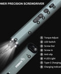 Boss Level Electric Screwdriver Tool Kit With 155 Precision Bits For Quick Fixes And Reliable Performance Featuring Variable Torque Settings And Compact Ergonomic Handle For Any Project, showing features and buttons.