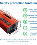 Image showing 500W Continuous Power Inverter For Vehicles From 12V To 110V AC with dimensions and safety features listed.
