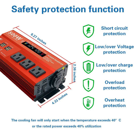 Image showing 500W Continuous Power Inverter For Vehicles From 12V To 110V AC with dimensions and safety features listed.