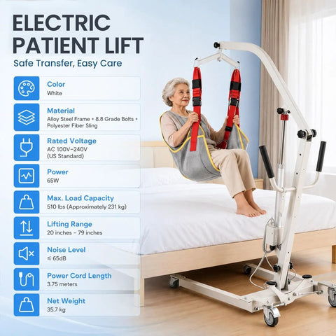 Rock Solid Heavy Duty Electric Patient Lifter 510lb Homecare Transfer Hoist featuring user safely lifted above bed.