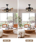 42 Inch Slick Industrial Retractable Ceiling Fan With Lights And Remote Retro Black Cage Chandelier Style Fandelier in living room.