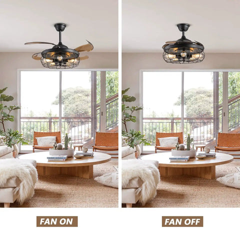 42 Inch Slick Industrial Retractable Ceiling Fan With Lights And Remote Retro Black Cage Chandelier Style Fandelier in living room.