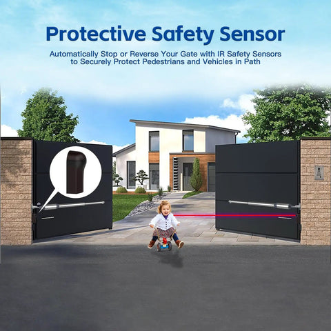Must Have Infrared Photocell Sensor For Gate Openers And Garage Doors with child on tricycle in front of open gates