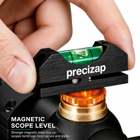 Close-up of Pro Grade High Precision Scope Leveling Kit with magnetic bubble level mount on Picatinny rail, durable black.