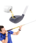 Man using Beer Bomber Golf Club Beer Bong Party Accessory For Golfers Ultimate Novelty Gift 12oz Grip N Rip Design Tee Box Cheers Easy Fill