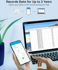 Smart Thermometer Hygrometer With WiFi And App Alerts Real Time Temperature And Humidity Sensor displaying data on phone and laptop
