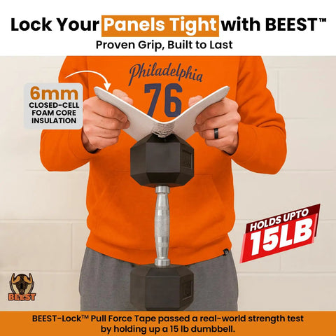 Top Rated Garage Door Insulation Kit For 8x8 Single Doors, 6mm closed-cell foam panels shown holding a 15 lb dumbbell.