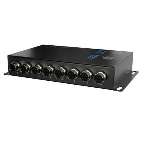 8-Port Industrial Gigabit PoE Switch with M12 X-Coded, unmanaged Ethernet hub with dual power input, ideal for rail cameras