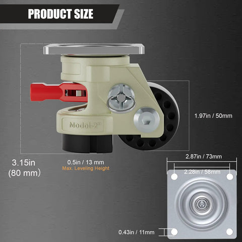Heavy Duty Leveling Casters With Brakes, 2 Inch Swivel Rolling Wheels Set Of 4, 3300 Lb Capacity Adjustable feet with dimensions.