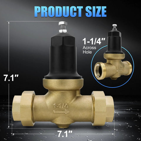 Brass 1-1/4 in pressure-reducing valve with black adjustment cap and NPT threaded ends (front view).
