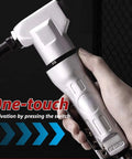 Hand holding Beefy Pneumatic Sheet Metal Cutter Handheld Air Nibbler with hardened blade and alloy case, 2800 RPM, showing one-touch activation