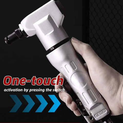 Hand holding Beefy Pneumatic Sheet Metal Cutter Handheld Air Nibbler with hardened blade and alloy case, 2800 RPM, showing one-touch activation