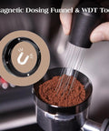 Magnetic dosing funnel and WDT tool in use with 7 Piece Espresso Tools Kit For 54mm Breville Portafilters Includes 53.3mm Tamper Distributor Puck Screen Dosing Funnel WDT Tool Perfect Home Barista Gear.