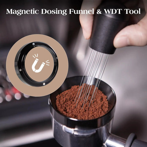 Magnetic dosing funnel and WDT tool in use with 7 Piece Espresso Tools Kit For 54mm Breville Portafilters Includes 53.3mm Tamper Distributor Puck Screen Dosing Funnel WDT Tool Perfect Home Barista Gear.