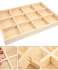 Solid Wood Jewelry Organizer Tray With Twelve Grid Compartments For Rings And Necklaces Vintage Decorative Vanity Holder, light brown wood.