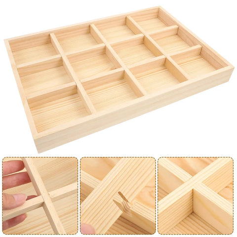 Solid Wood Jewelry Organizer Tray With Twelve Grid Compartments For Rings And Necklaces Vintage Decorative Vanity Holder, light brown wood.