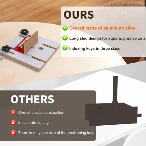 Comparison chart showing Router Table Box Joint Jig With Brass Indexing Keys Three Sizes 1/4, 3/8, 1/2 next to a competitor's jig.