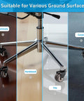 2 Inch Heavy Duty Office Chair Wheels Set Of 5 Gray Rubber Casters for Hardwood Floors and Carpet shown in use on various surfaces