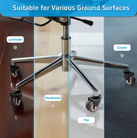 2 Inch Heavy Duty Office Chair Wheels Set Of 5 Gray Rubber Casters for Hardwood Floors and Carpet shown in use on various surfaces