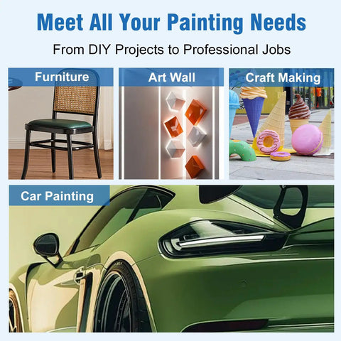 Pro Grade HVLP Spray Gun Kit With Six Hundred Fifty Ml Mixing Jar Ten Snap On Lids Four Quick Swap Nozzles And Precision Controls shown for furniture, art wall, craft making, and car painting.