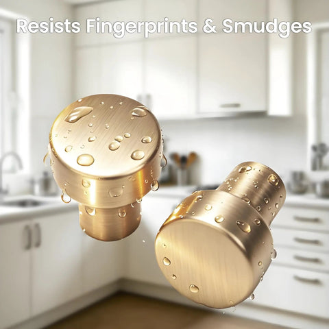 Brushed Gold Round Cabinet Knobs Set Of 10 Zinc Alloy Single Hole Drawer Pulls in a kitchen, close-up with water droplets.