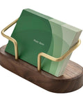 Walnut Wood Business Card Holder For Desk And Office with brass accents, showcasing cards on an oval walnut base, side view