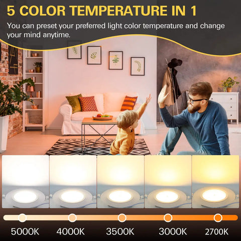 12 Pack 4 Inch 5CCT LED Recessed Ceiling Lights With Night Light CRI90 850 Lumen 10.5W 80W Equivalent showcasing color temperatures.