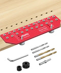 11 Hole Shelf Pin Jig With Adjustable Setup And Fast Clamp Includes One Quarter Inch And Five Millimeter Drill Bits Self Contained Cabinet And Wardrobe Drill Guide Makes Quick Accurate Woodworking Drilling A Breeze, shown with drill bits and alignment tool.