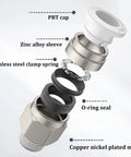 Exploded view of 10 Pack Push To Connect Fittings Three Eighths Inch Tube OD To One Quarter Inch NPT Male Straight Quick Connects components.