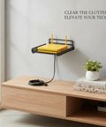 Heavy Duty Black Metal Mesh Wall Mount Bracket For Modems And Network Gear holding yellow router on wall