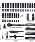 3/8-Inch Drive Impact Socket Set With 95 Pieces Heavy Duty Pro Grade Tough Build Deep And Shallow Metric 8mm-22mm And SAE 5/16-3/4, 6-Point Includes Extension Bar Universal Joint Spark Plug Socket Ratchet Handle Cr-V layout with tools and bits.